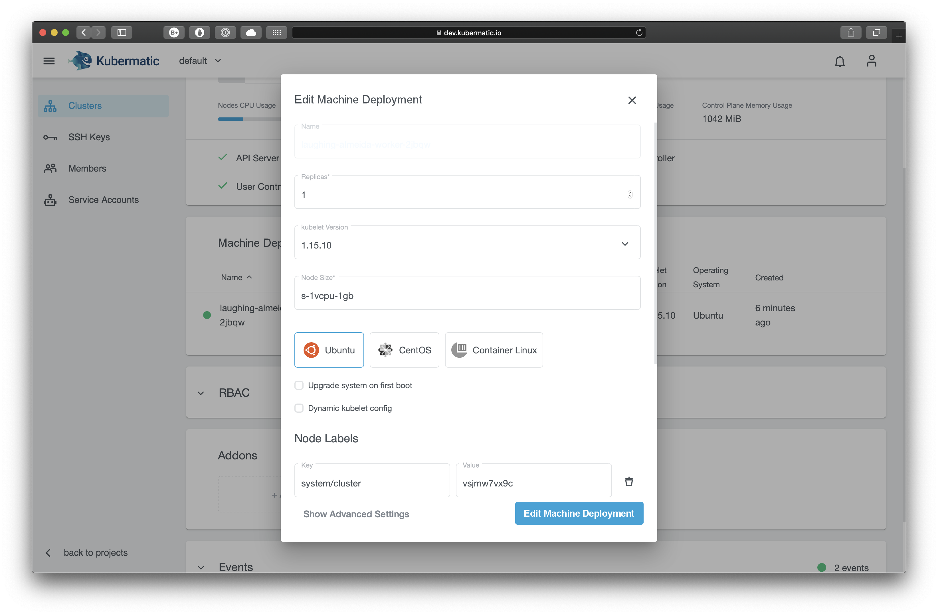 Machine deployment overview with opened edit modal